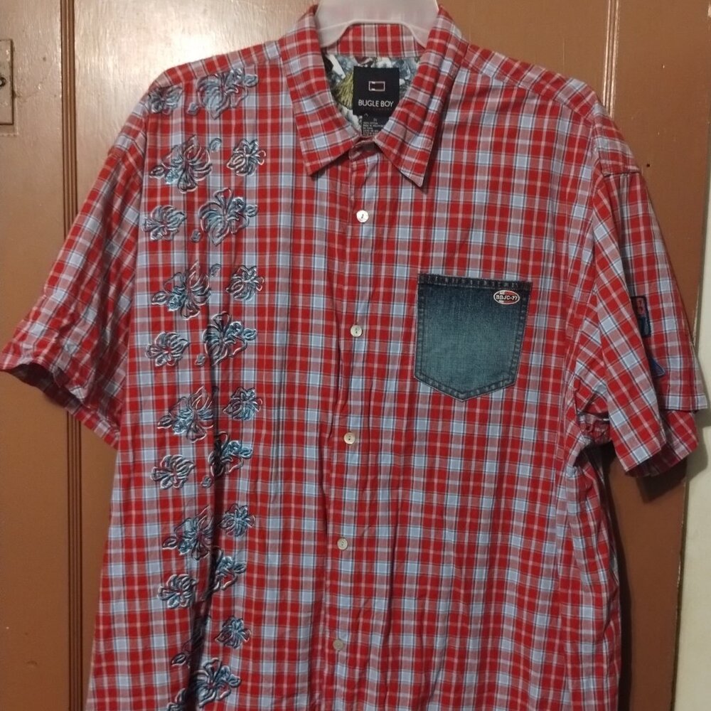 Vintage Bugle Boy PLAID Hawaiian PRINT short sleeve BUTTON FRONT SHIRT 3X